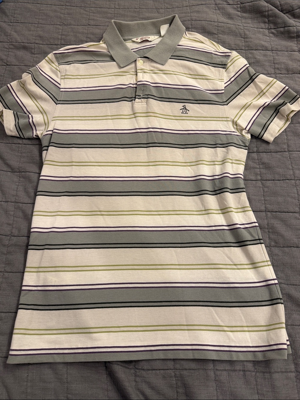 Original Penguin Cream Polo with Gray, Sage and Purple Stripes